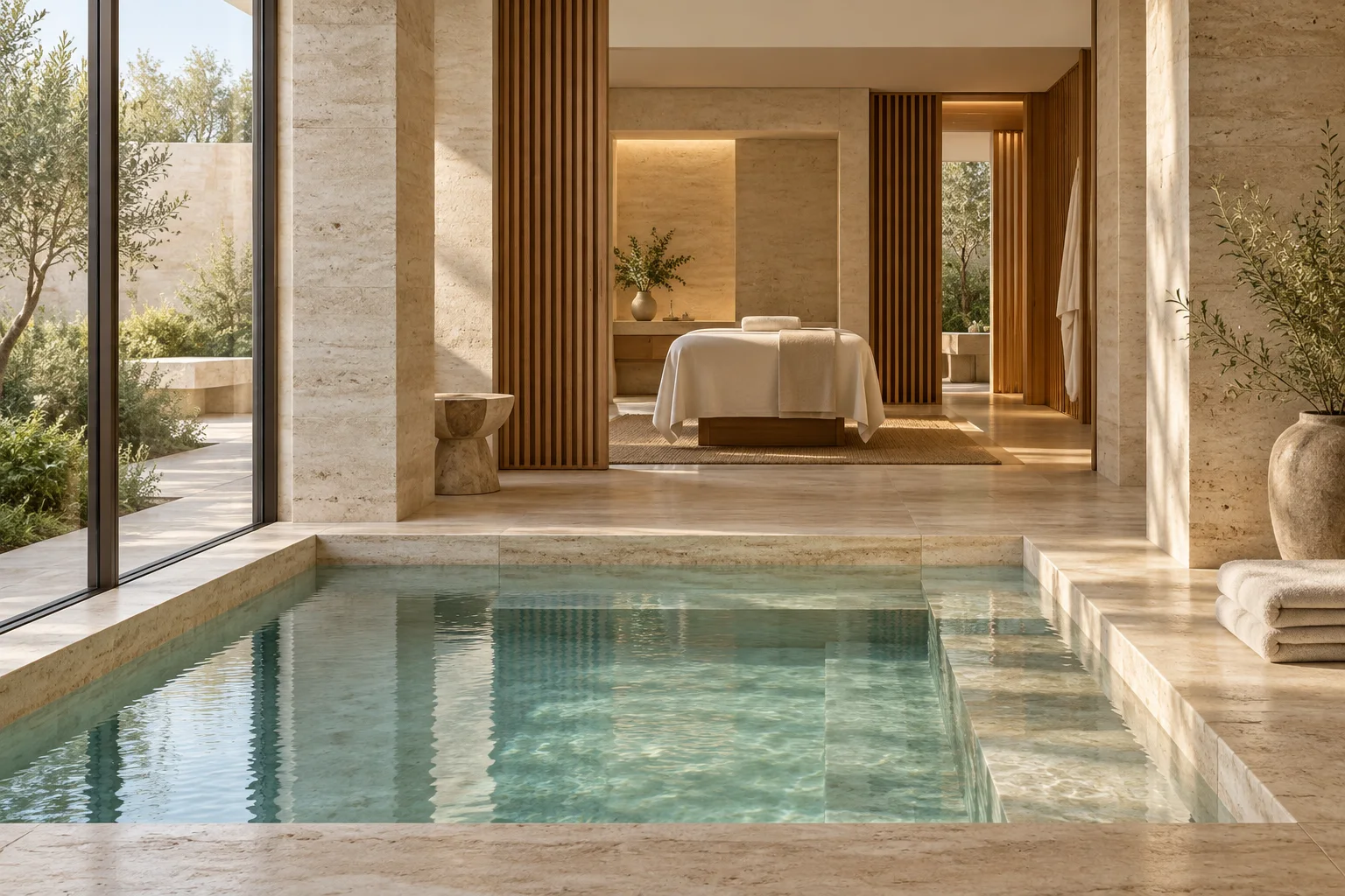 Illustrative spa interior with natural stone, a tranquil pool and a light-filled treatment room