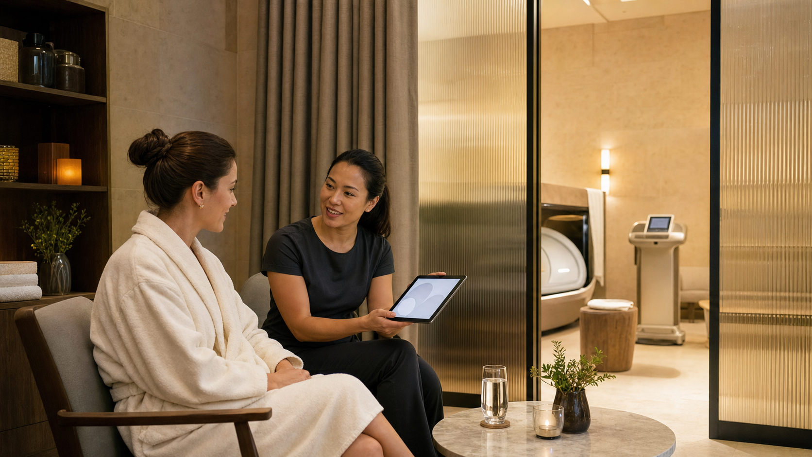 Editorial illustration of a fictional spa professional explaining an optional body-composition service to a guest