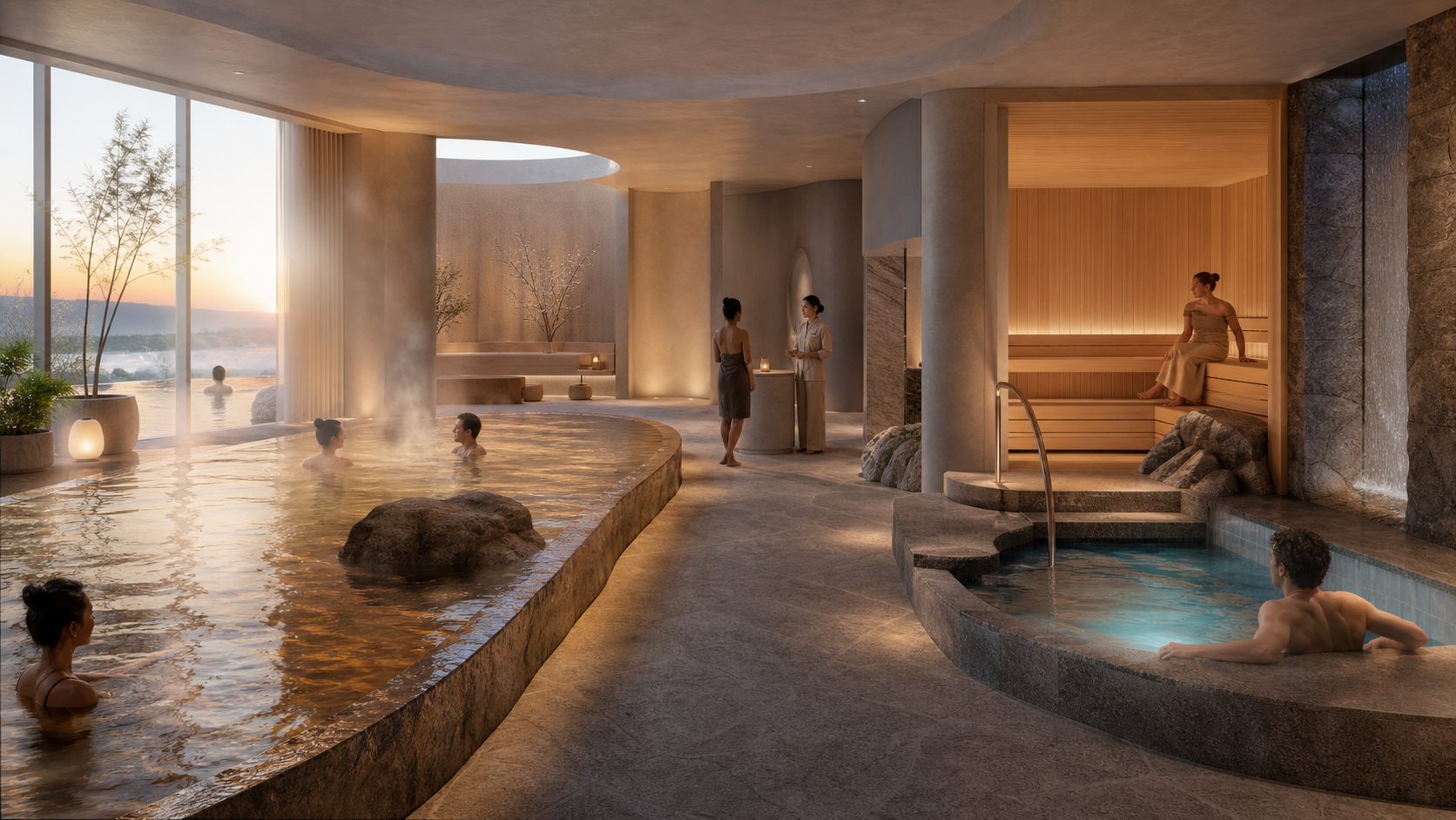 Editorial illustration of a fictional hydrothermal spa with warm pools, a cold plunge, sauna and staffed guest flow