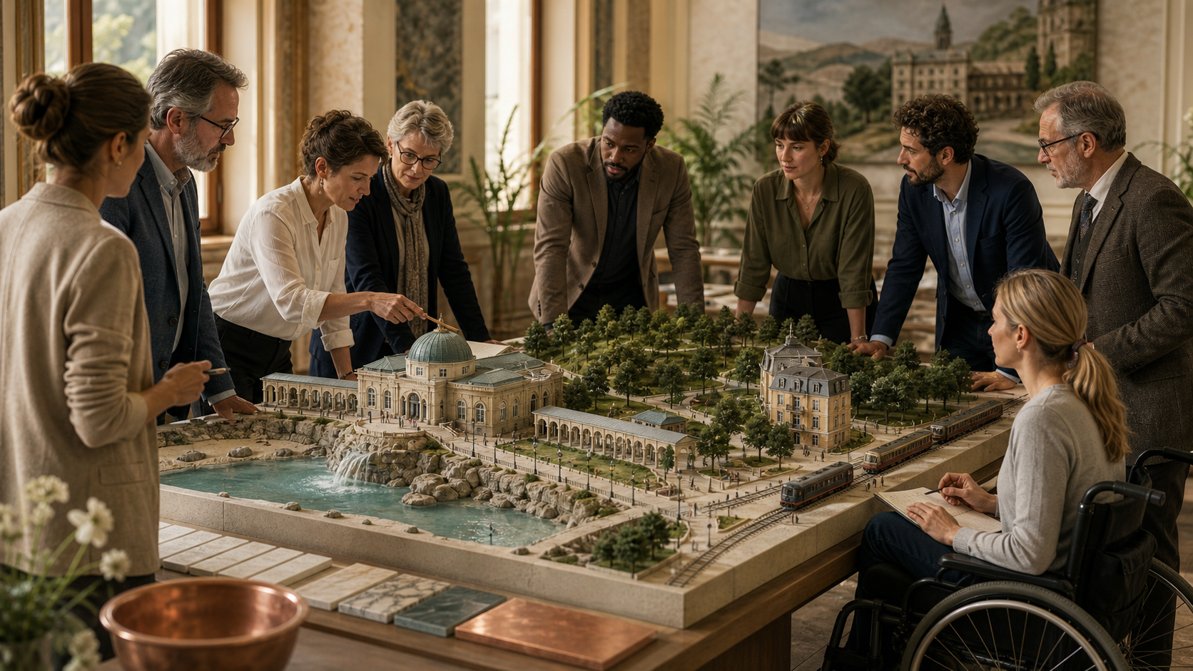 Editorial illustration of a fictional European spa-town stewardship team around a model of springs, baths and public space