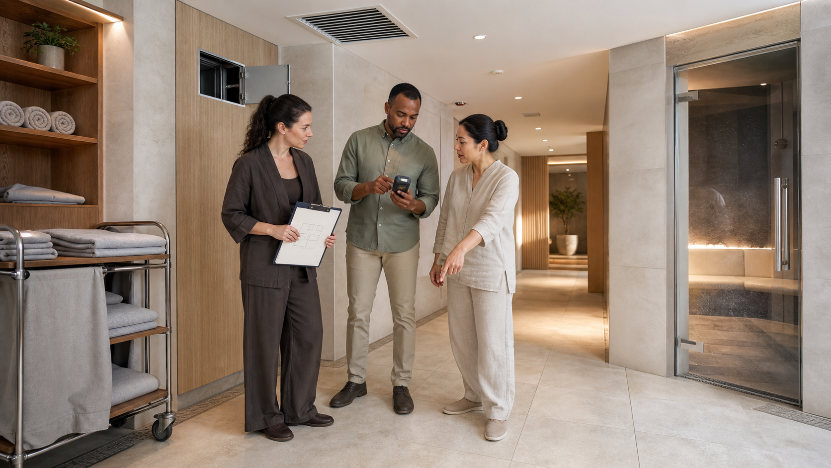 Editorial illustration of a fictional spa, engineering and housekeeping team reviewing ventilation, water and moisture systems