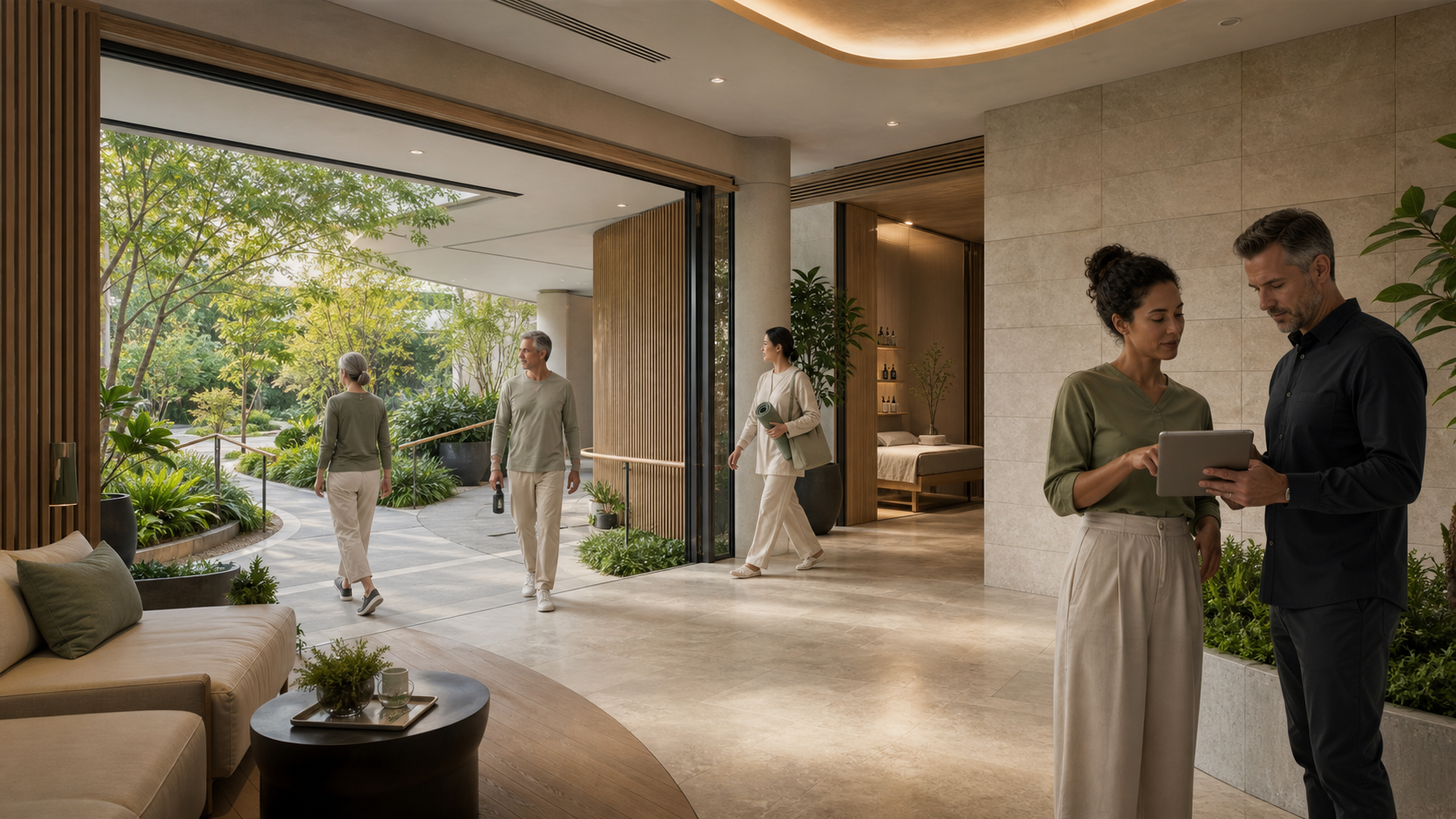 Editorial illustration of a fictional healthy-building residence connecting an accessible garden route and spa operations