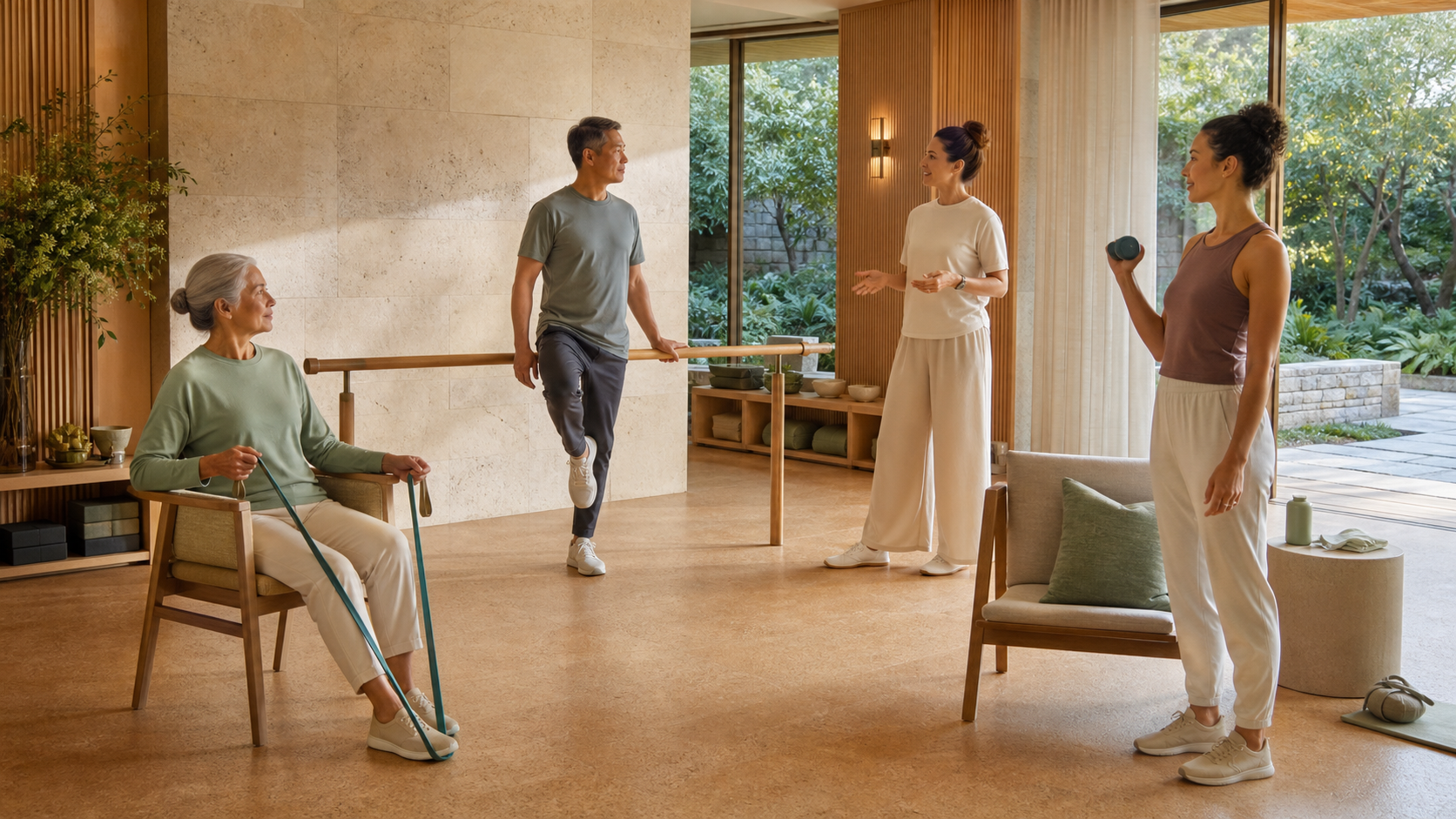 Editorial illustration of fictional spa guests choosing seated strength, supported balance and light-weight movements in an accessible studio