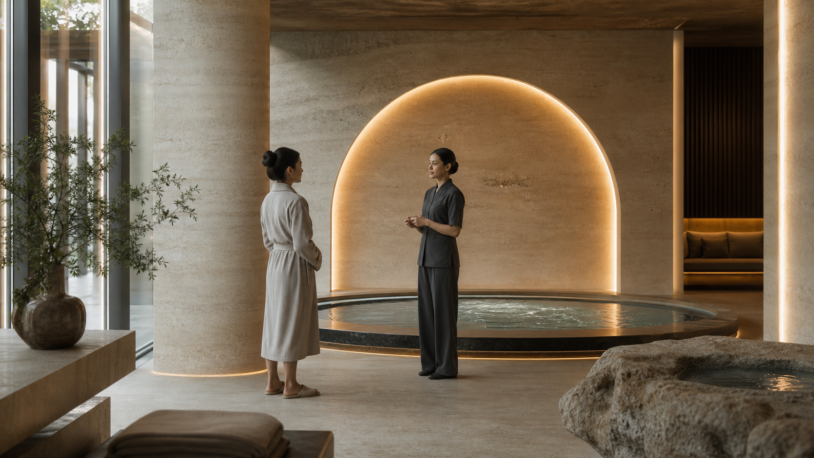 Editorial illustration of a fictional guest and spa professional beside a conceptual warm-water technology room