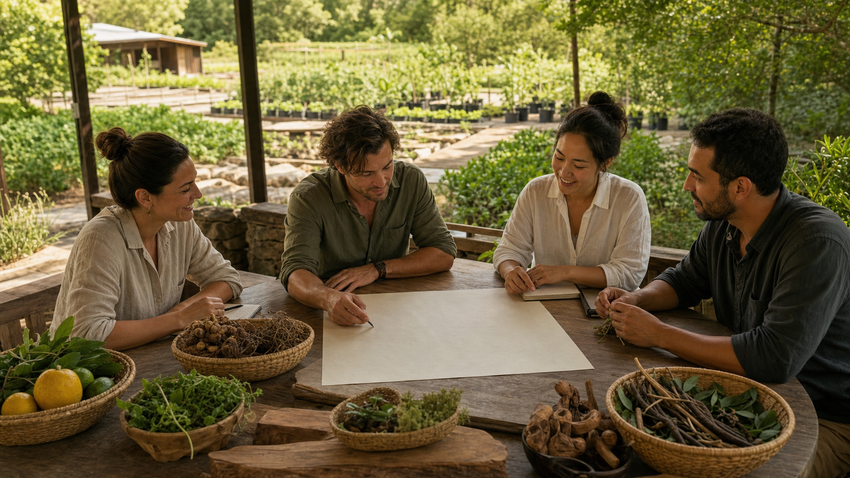 Editorial illustration of a fictional retreat team, grower and environmental guide planning together beside a plant nursery