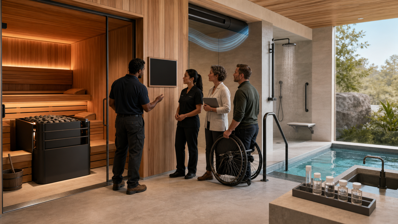 Editorial illustration of a fictional sauna team inspecting a cutaway hot room, ventilation, heater and plunge-water controls
