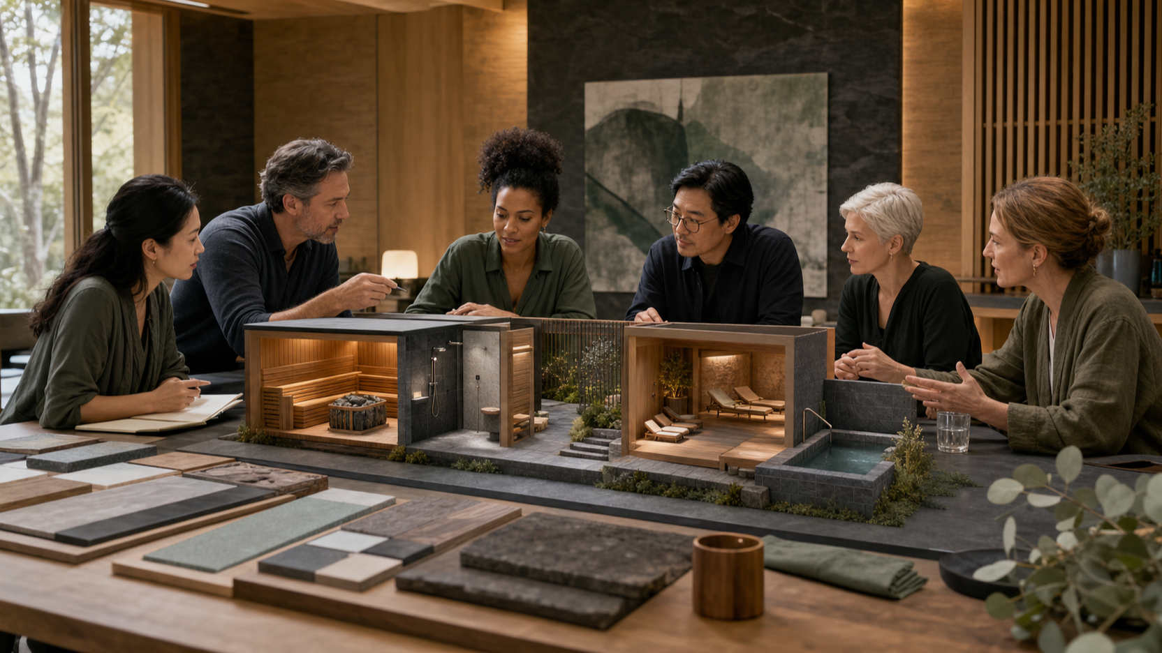 Editorial illustration of a fictional international sauna standards team around a model of heat, cooling and rest spaces