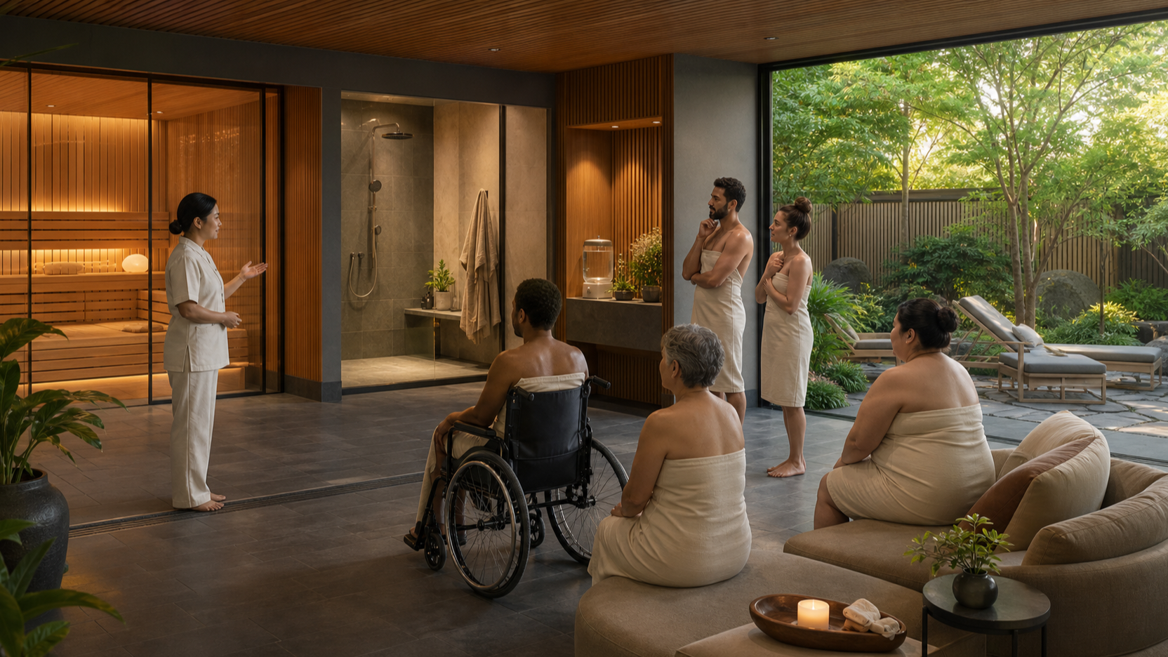 Editorial illustration of a fictional inclusive sauna orientation with an attendant, varied guests and an accessible cooling lounge