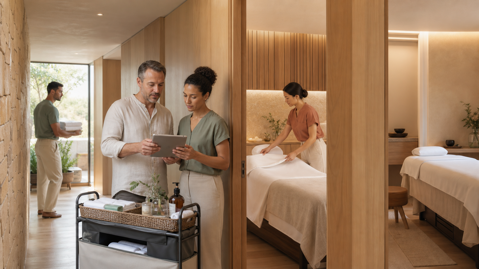 Editorial illustration of a fictional spa team reviewing capacity while a treatment room is reset calmly