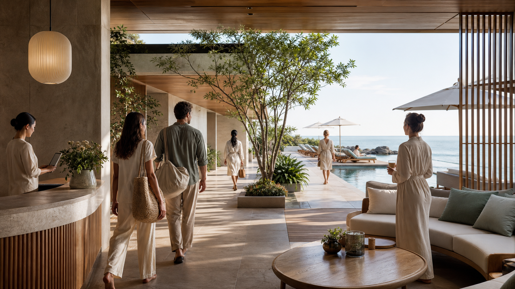 Editorial illustration of guests arriving at a fictional coastal spa with a calm pool and coordinated reception flow