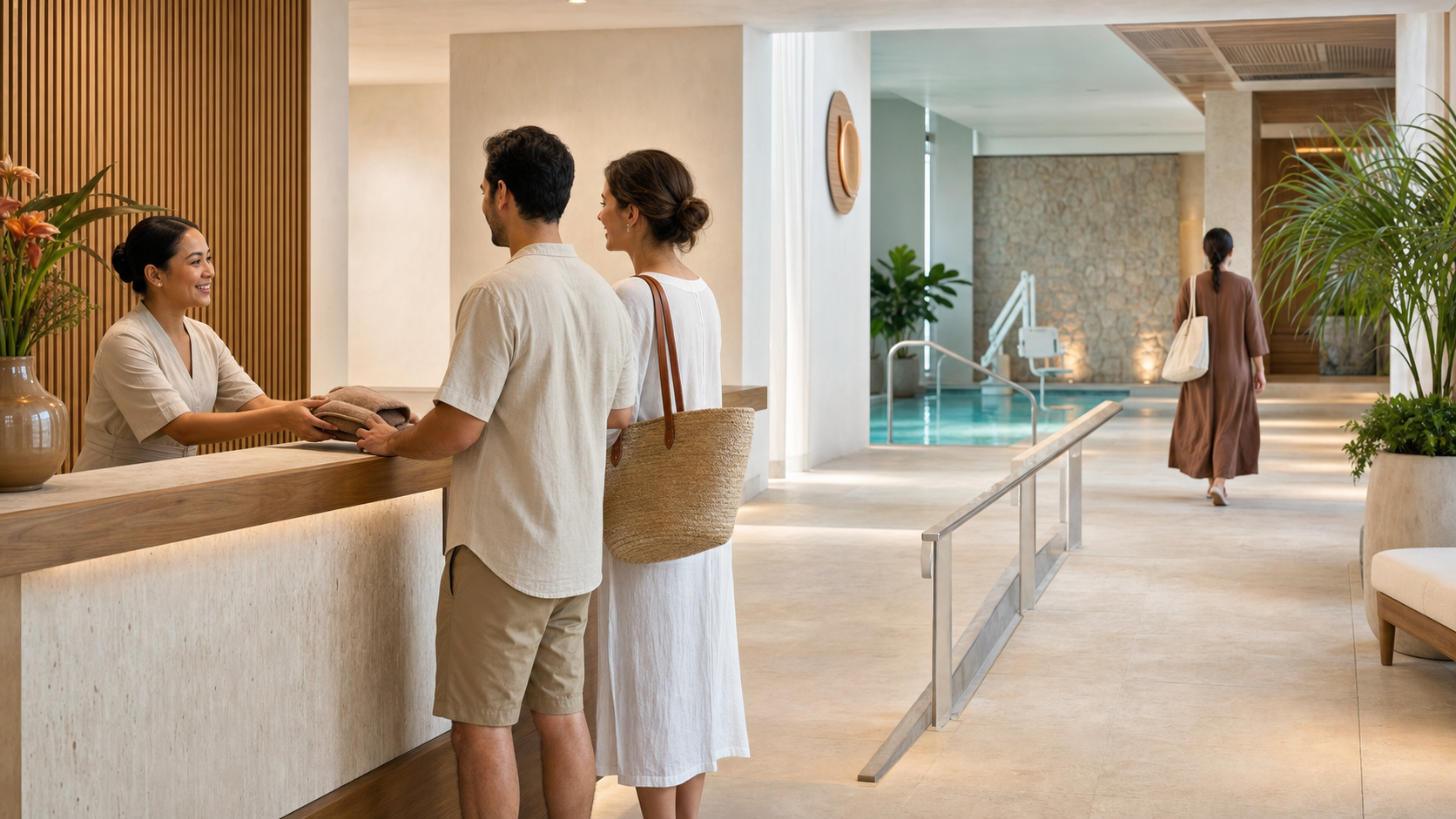 Editorial illustration of two fictional day guests welcomed at an accessible spa reception near a pool