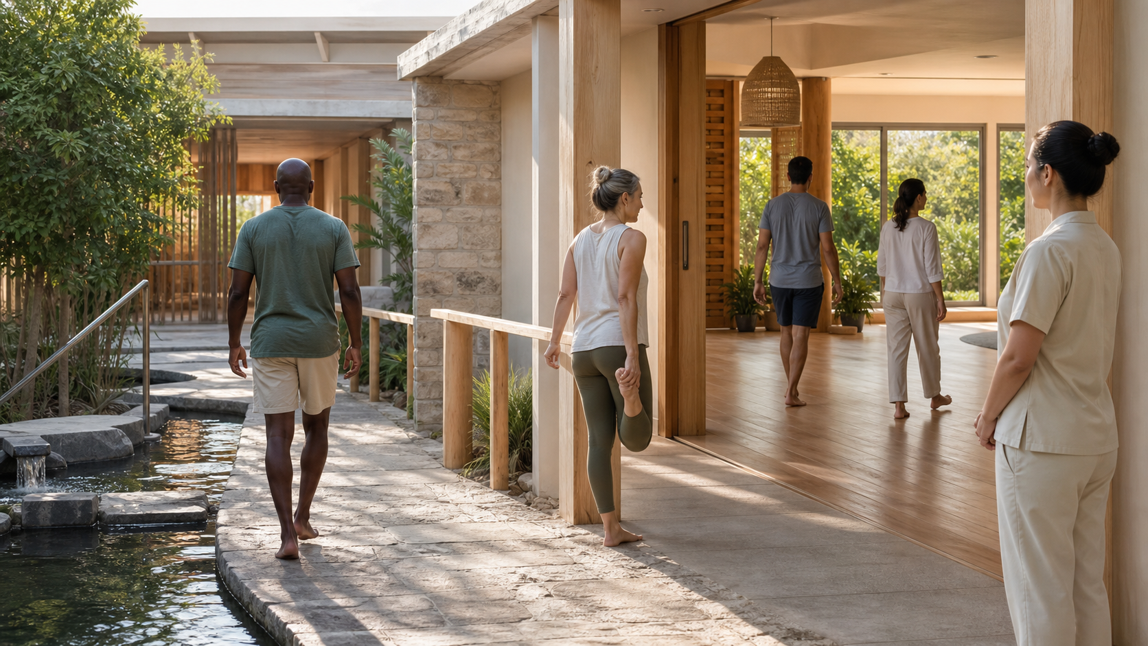 Editorial illustration of diverse fictional spa guests walking and practising balance through an indoor-outdoor wellness space