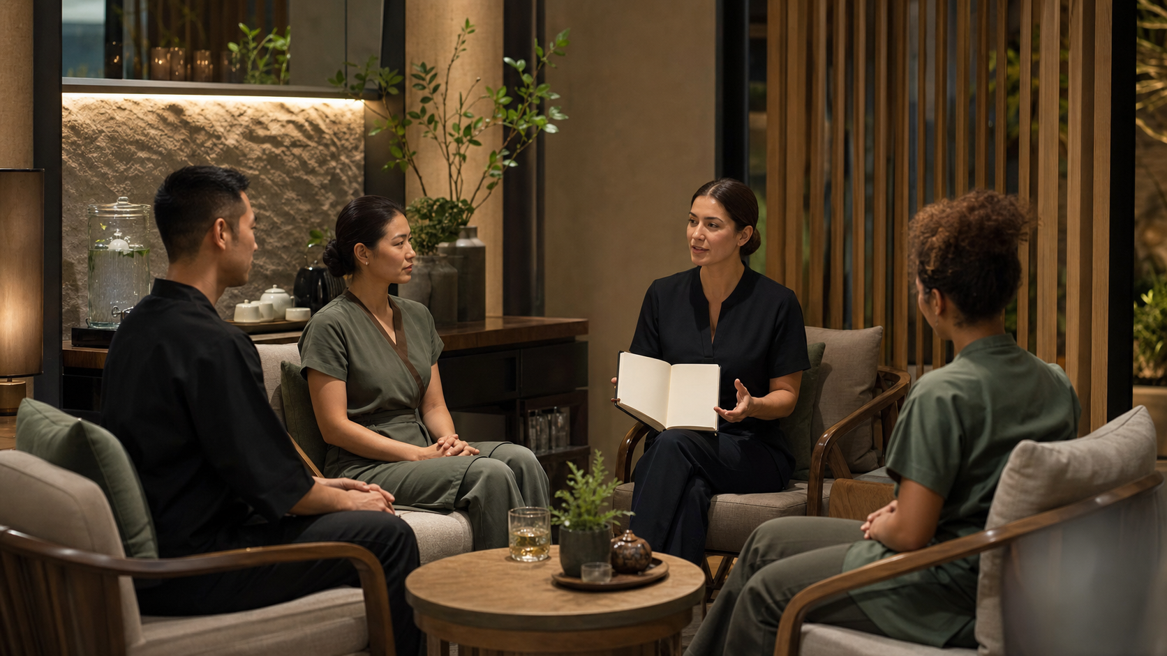 Editorial illustration of a fictional spa manager and three professionals holding an equal-level end-of-shift check-in