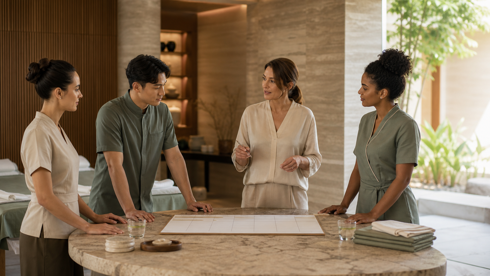 Editorial illustration of a fictional spa manager and three therapists reviewing a blank schedule around a stone table