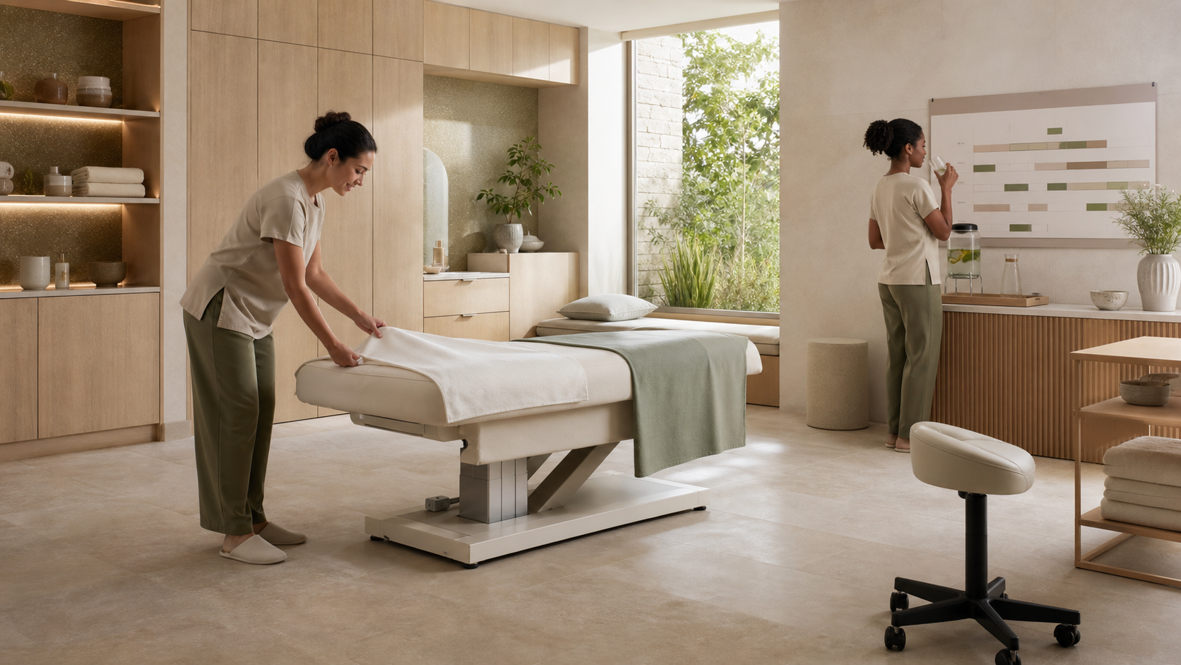 Editorial illustration of two fictional spa therapists resetting a treatment room with an adjustable table and hydration station
