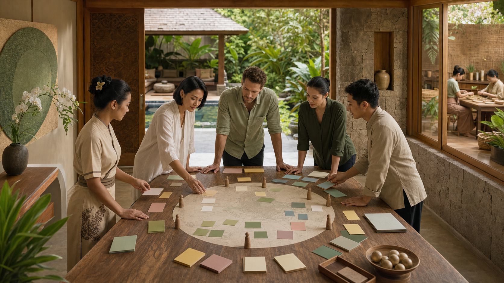 Editorial illustration of a fictional Thai wellness team arranging blank cards around an evidence map