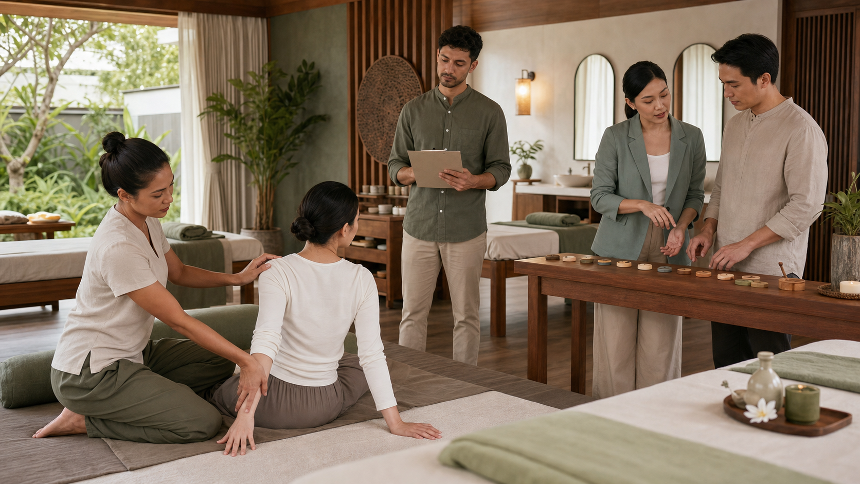 Editorial illustration of a fictional Thai spa training studio with a therapist, assessor, trainer and manager