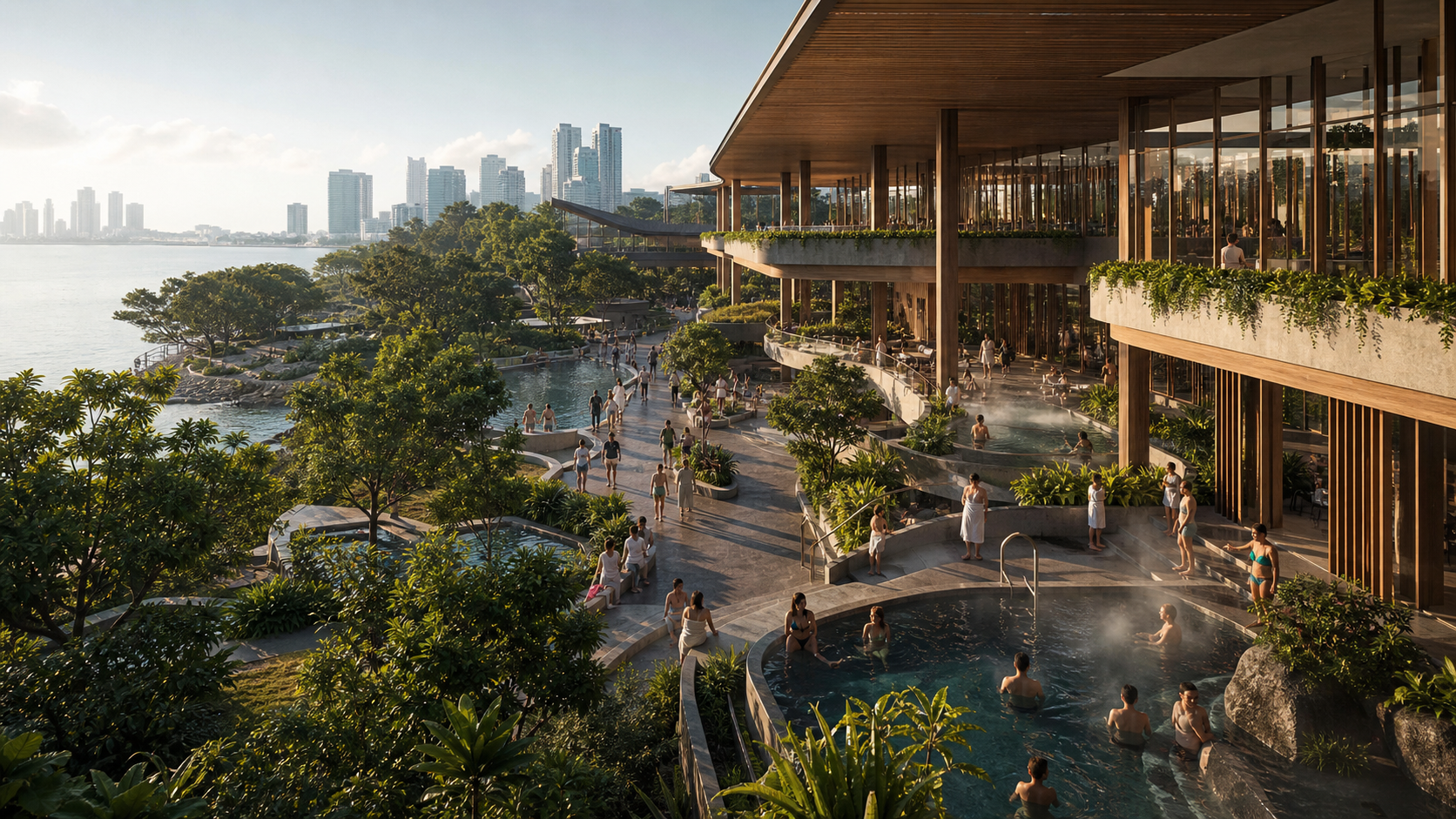 Editorial illustration of a fictional tropical waterfront wellness destination with thermal pools and biophilic architecture