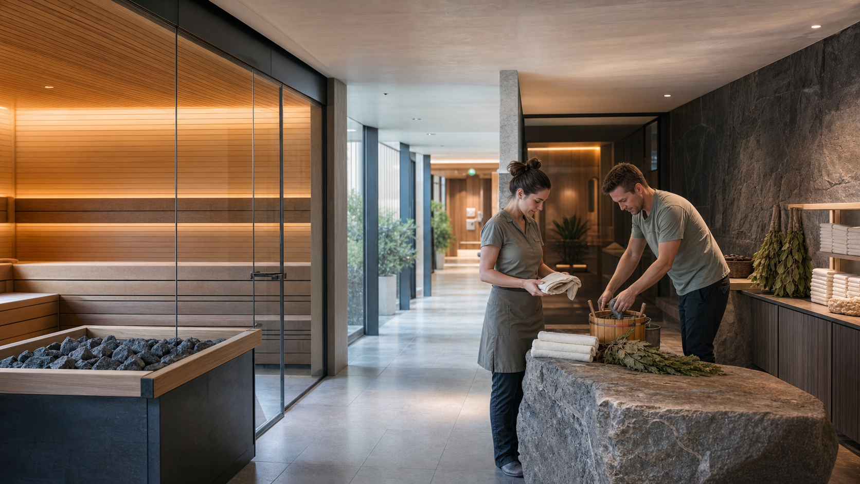 Editorial illustration of two wellness team members preparing a modern sauna area before opening