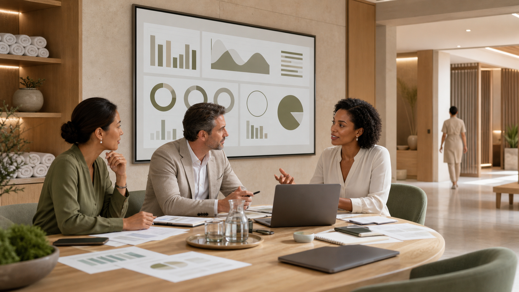 Editorial illustration of a fictional spa leadership team reviewing abstract performance evidence