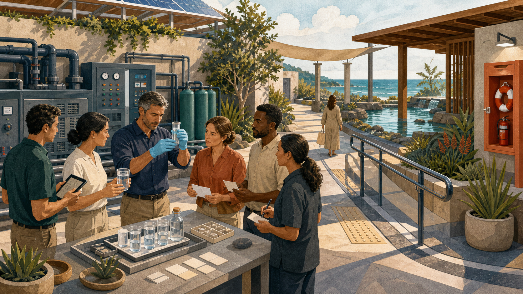 Editorial illustration of a fictional coastal wellness team testing shared systems before handover