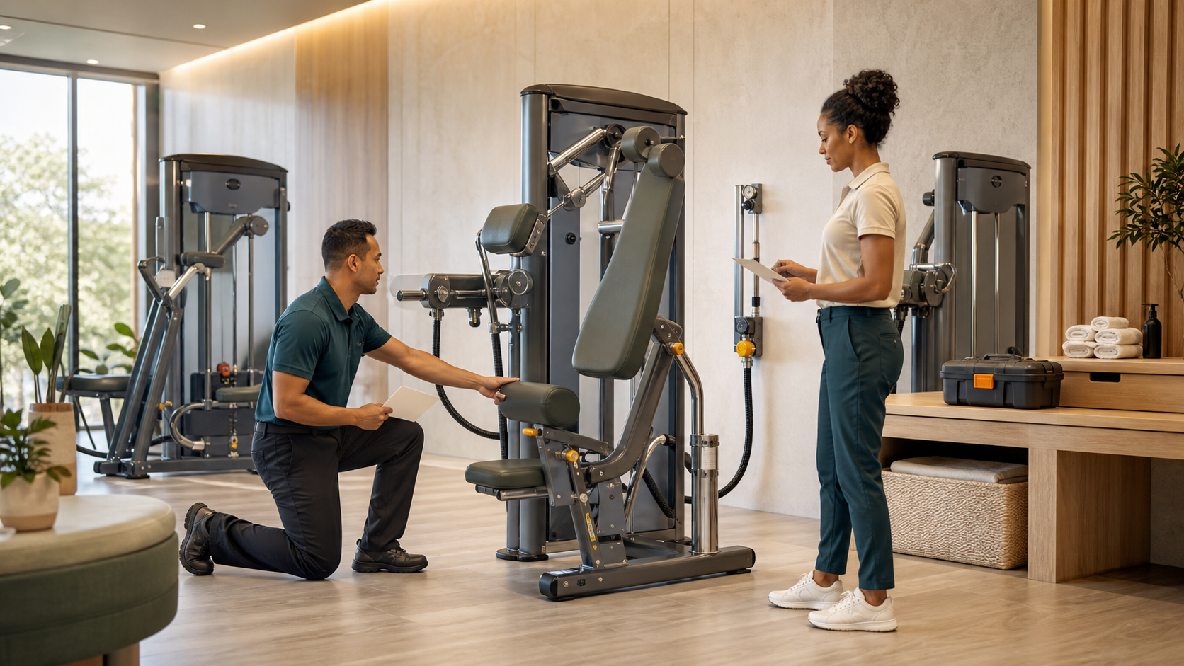 Editorial illustration of fictional professionals inspecting connected strength equipment before guest use