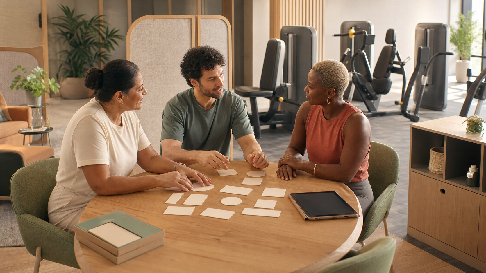 Editorial illustration of a fictional member and spa professionals discussing a strength programme and data choices