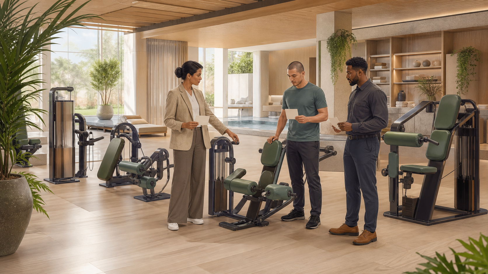 Editorial illustration of a fictional spa team commissioning connected strength equipment