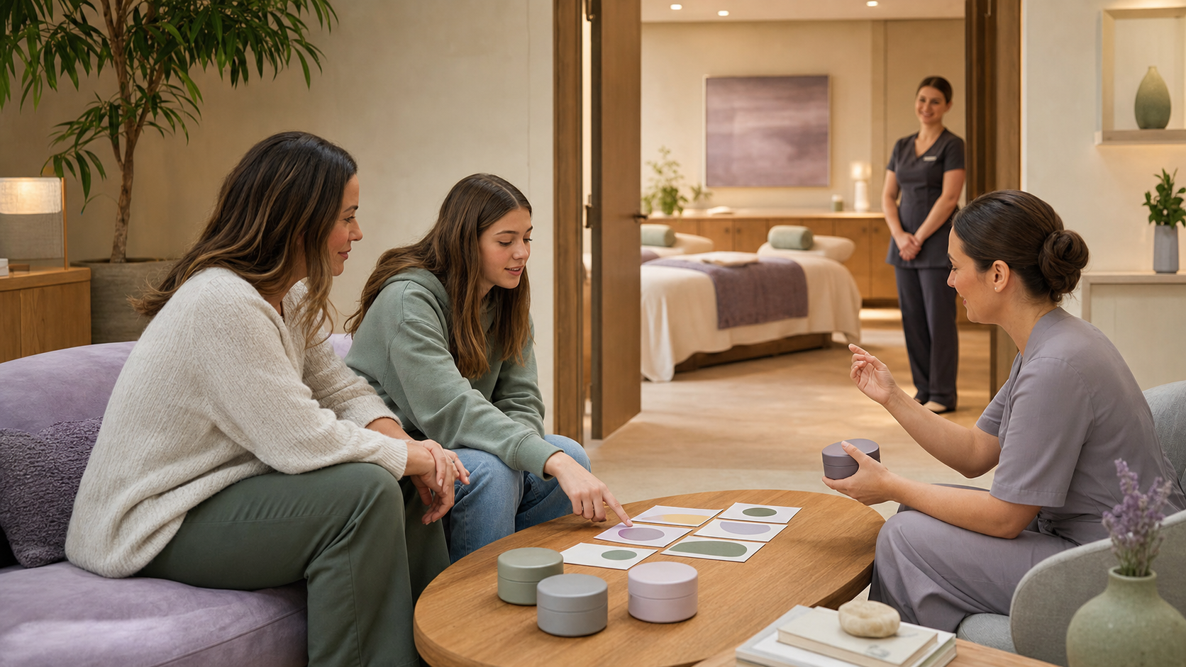 Editorial illustration of a fictional teenager and parent choosing an option during a pre-treatment consultation with two spa professionals present