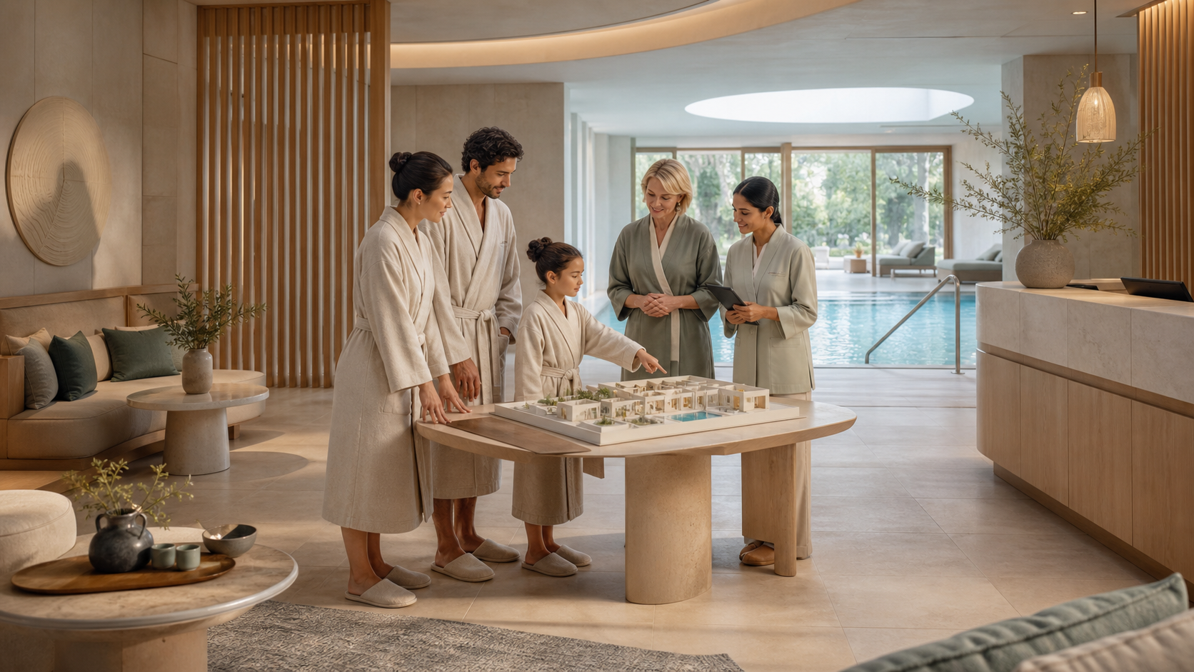 Editorial illustration of a fictional family and spa team reviewing a model beside an accessible indoor pool