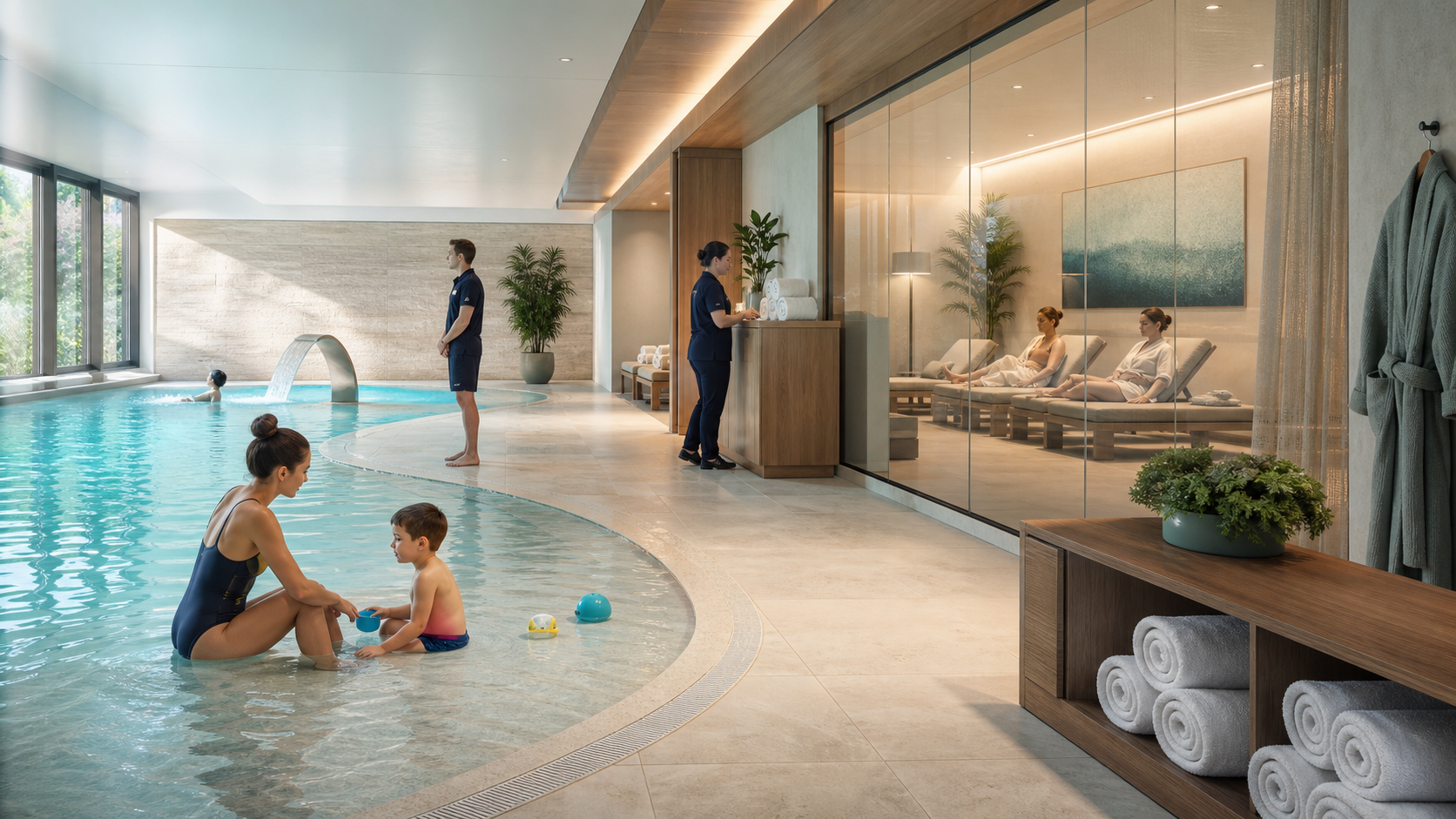 Editorial illustration of a fictional family pool session with close parental supervision, staff oversight and a separated quiet lounge