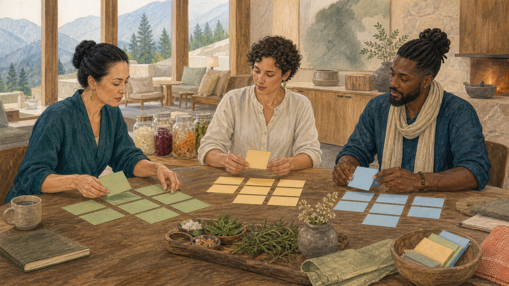 Editorial illustration of a fictional spa team separating programme delivery, learning and health-claim evidence