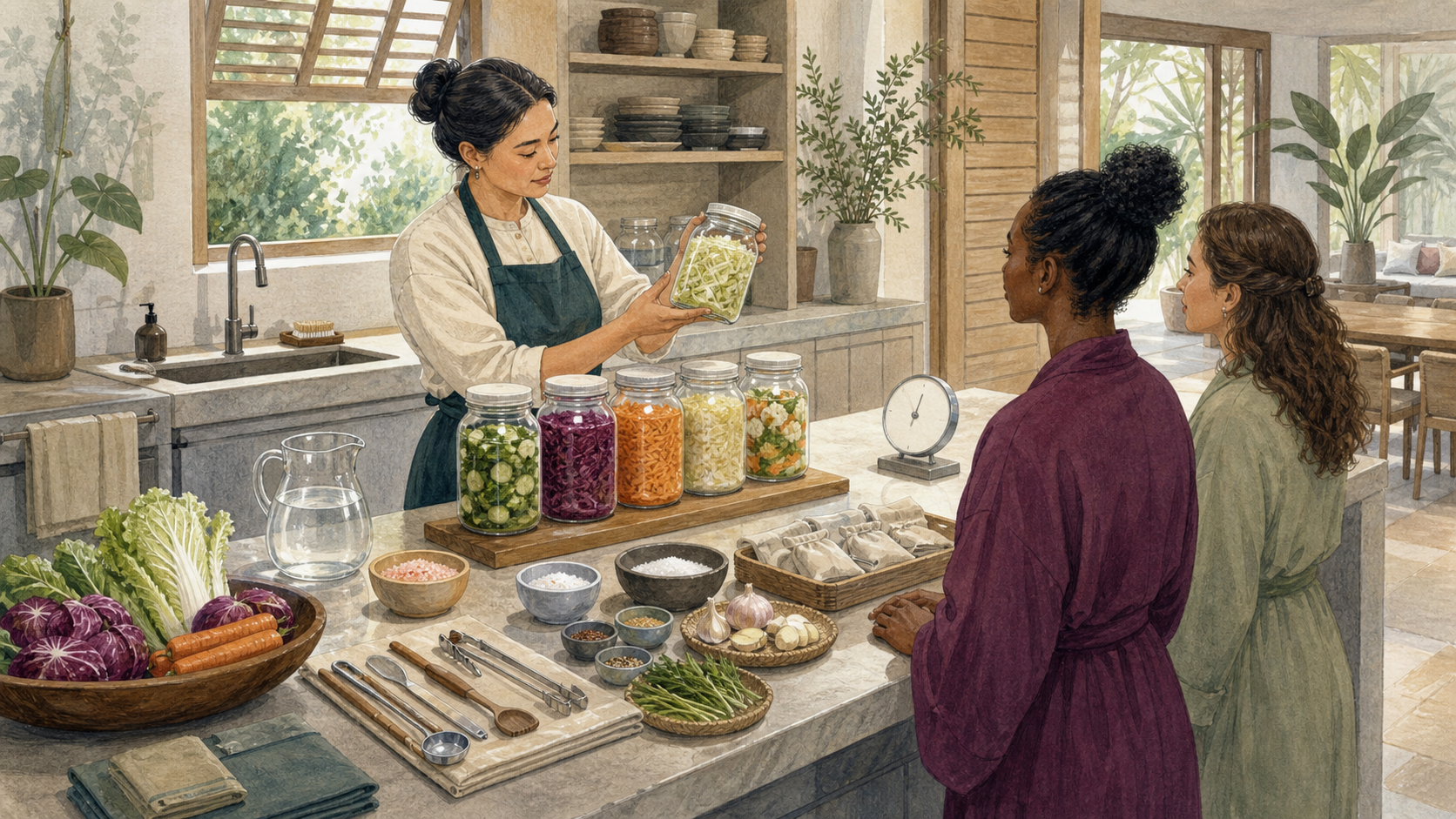 Editorial illustration of a fictional culinary educator and spa food-safety lead checking a fermentation workshop