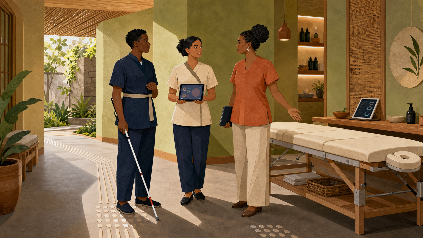 Editorial illustration of a fictional spa team reviewing an accessible treatment-room workplace
