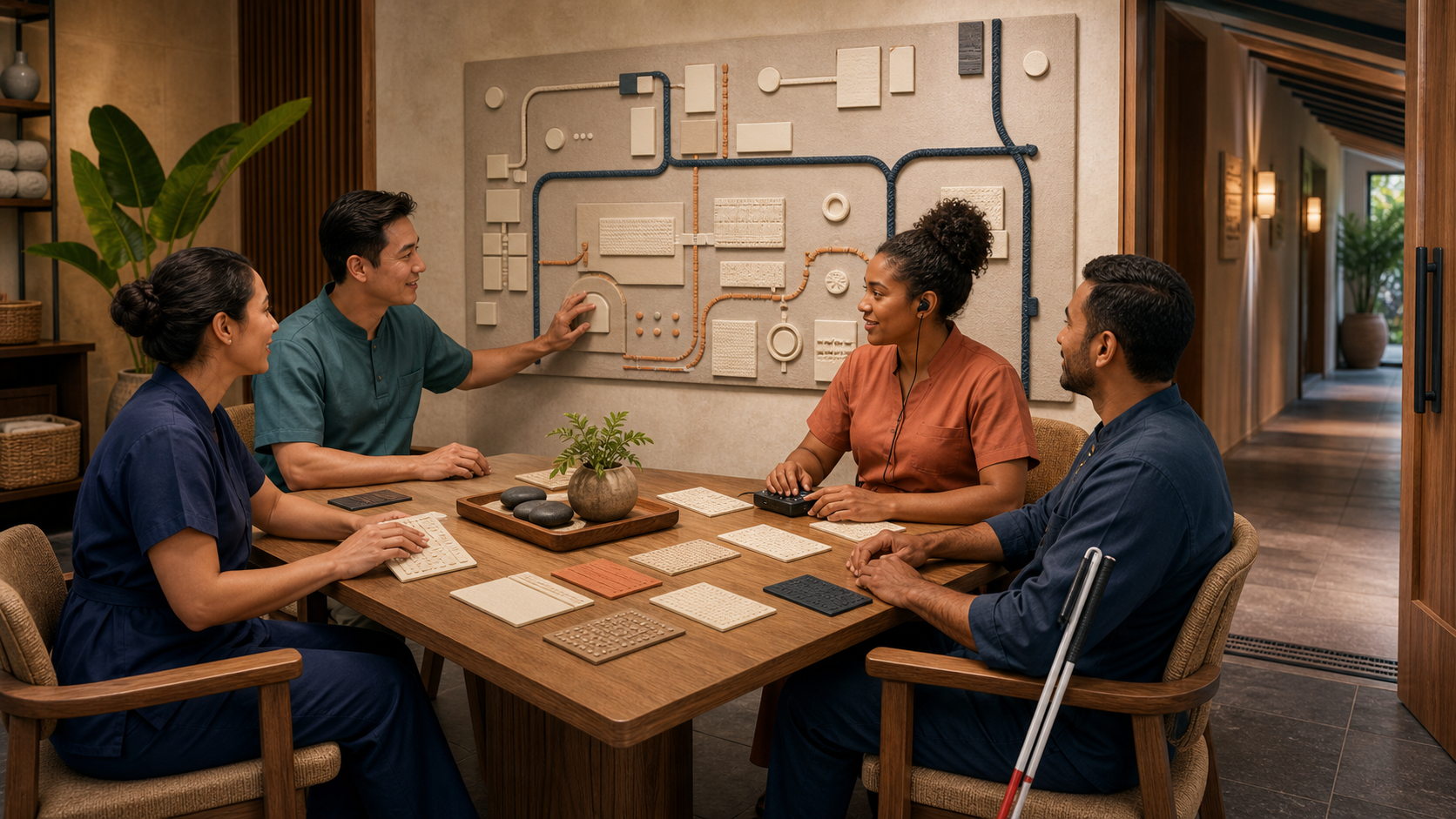 Editorial illustration of a fictional inclusive spa team reviewing tactile plans and work routines