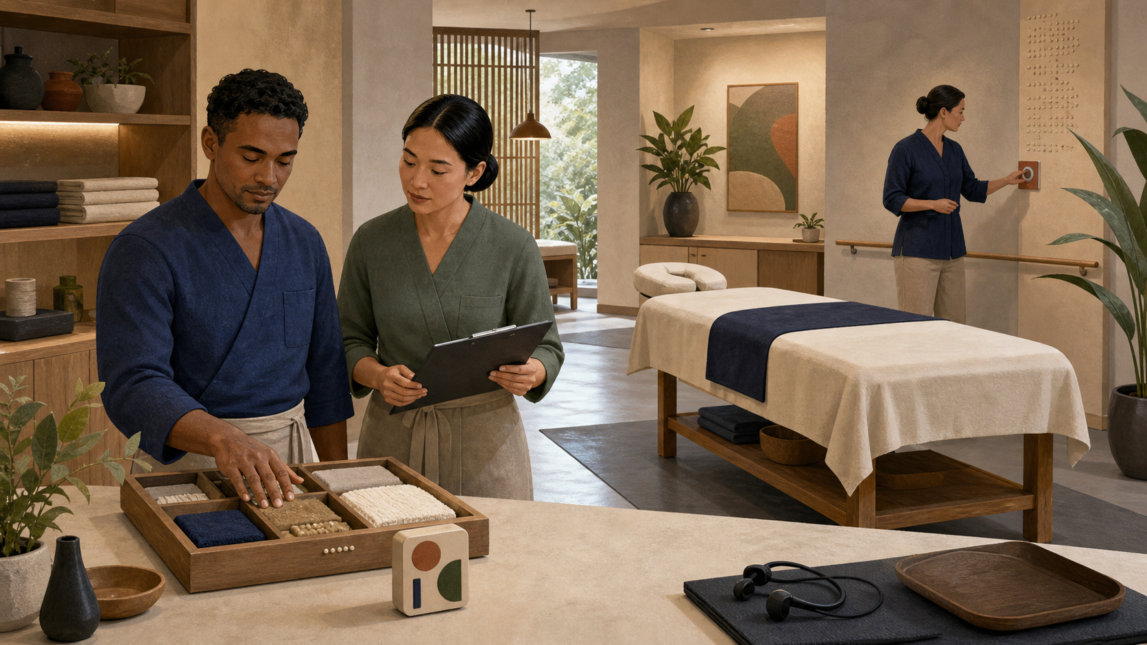 Editorial illustration of a fictional spa team checking an accessible treatment-room setup