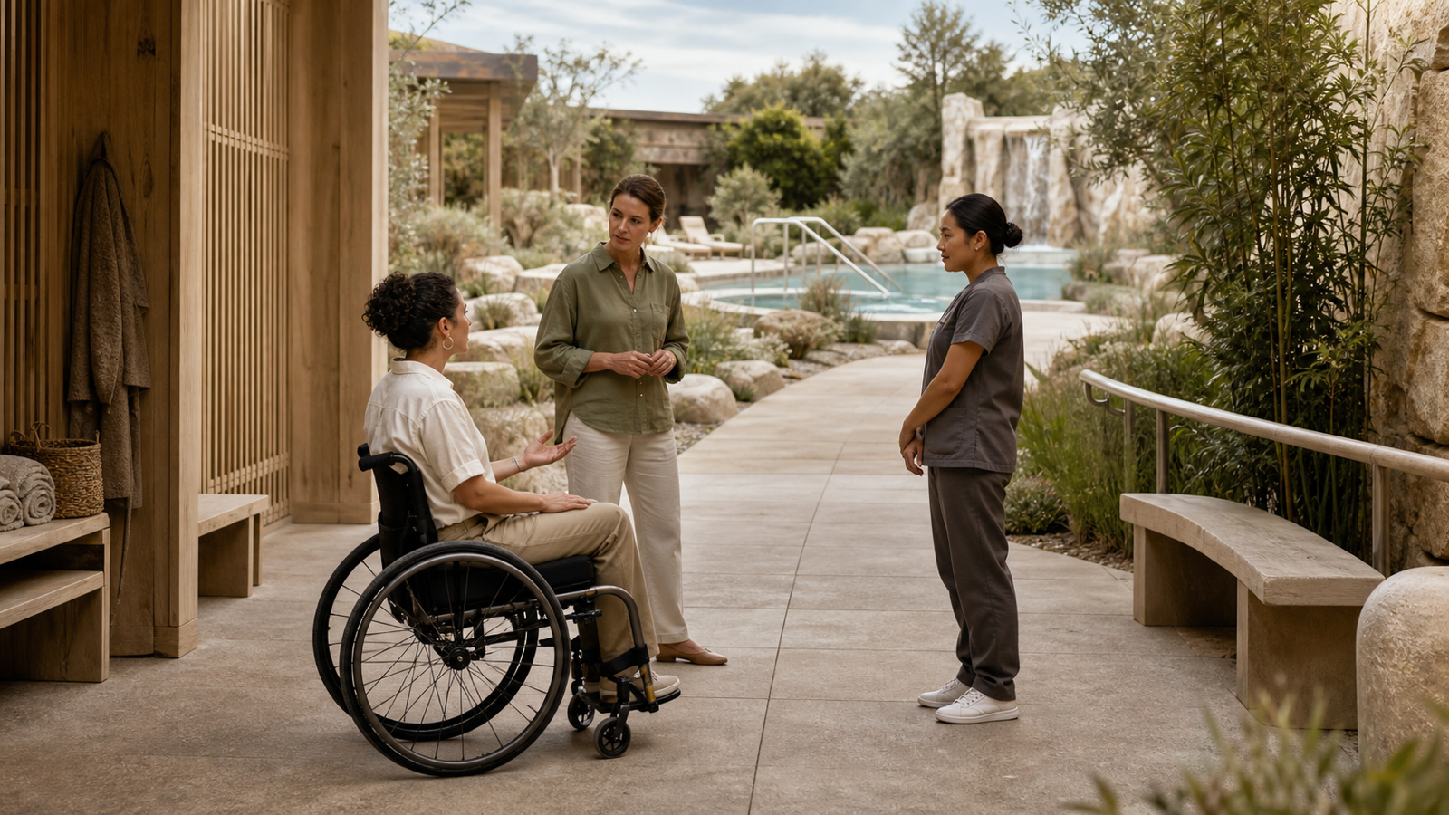 Editorial illustration of a fictional wheelchair-using access consultant reviewing a garden spa route with staff