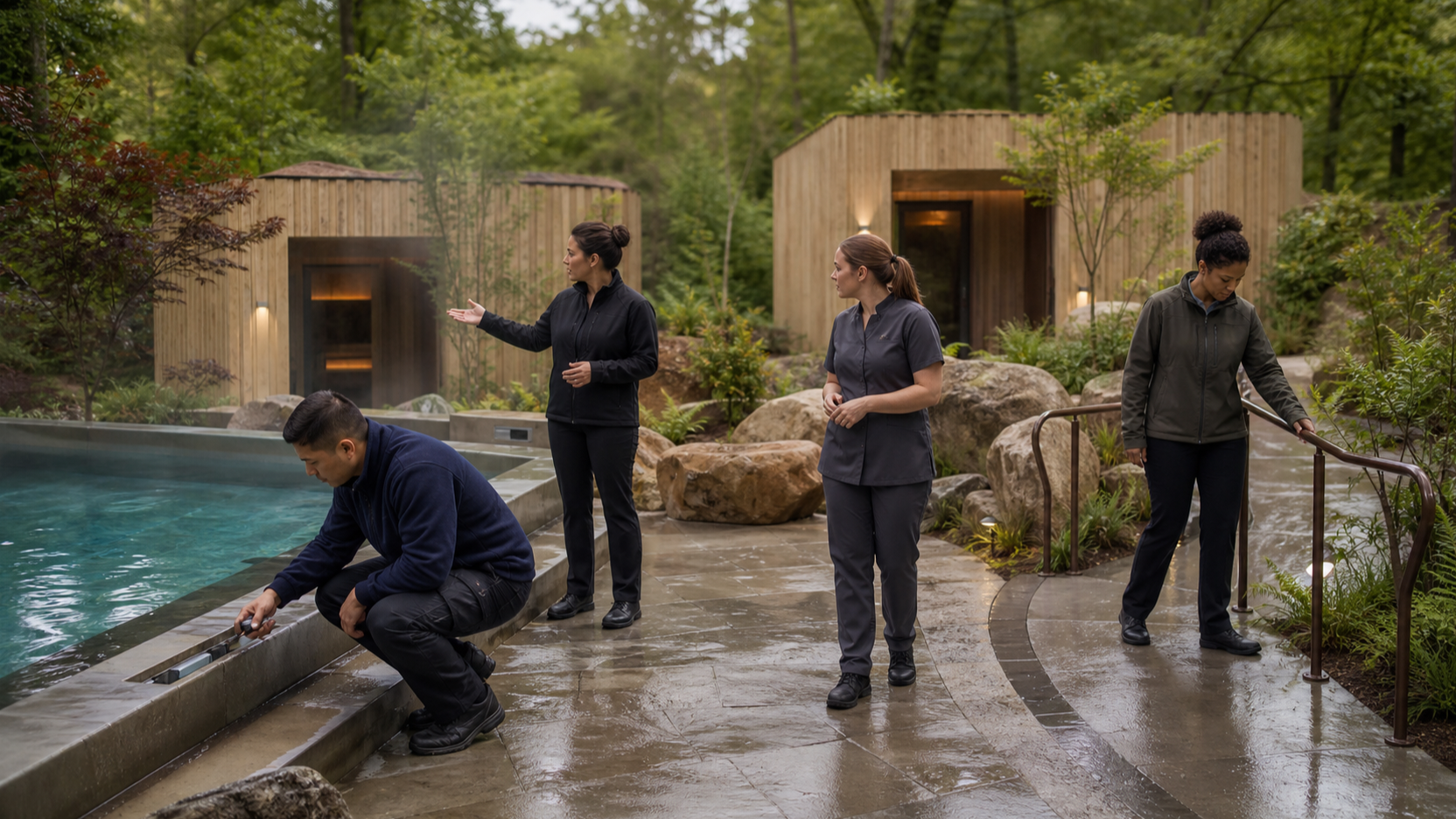 Editorial illustration of a fictional outdoor spa team reviewing a woodland garden thermal route