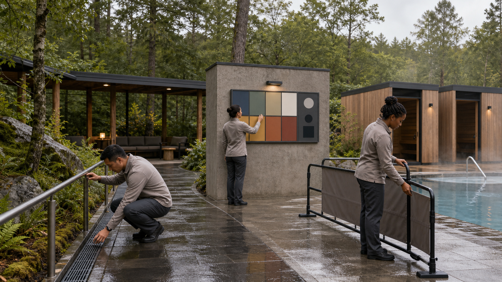 Editorial illustration of a fictional outdoor spa team inspecting a wet garden thermal route
