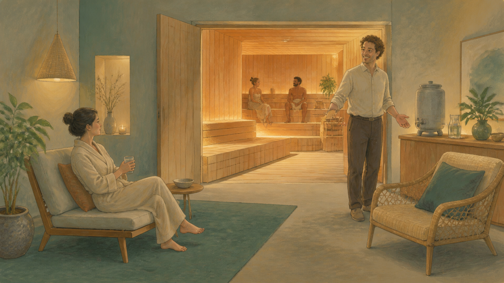 Editorial illustration of a guest choosing a quiet cooling lounge during a fictional sauna arts session