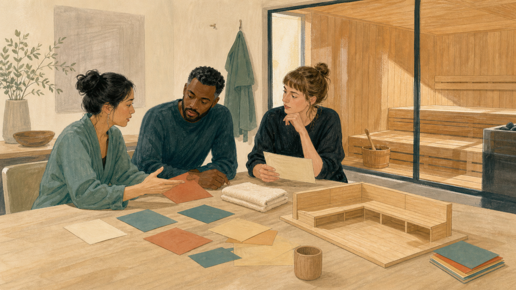 Editorial illustration of an artist and spa team planning a fictional sauna performance around a simple seating model