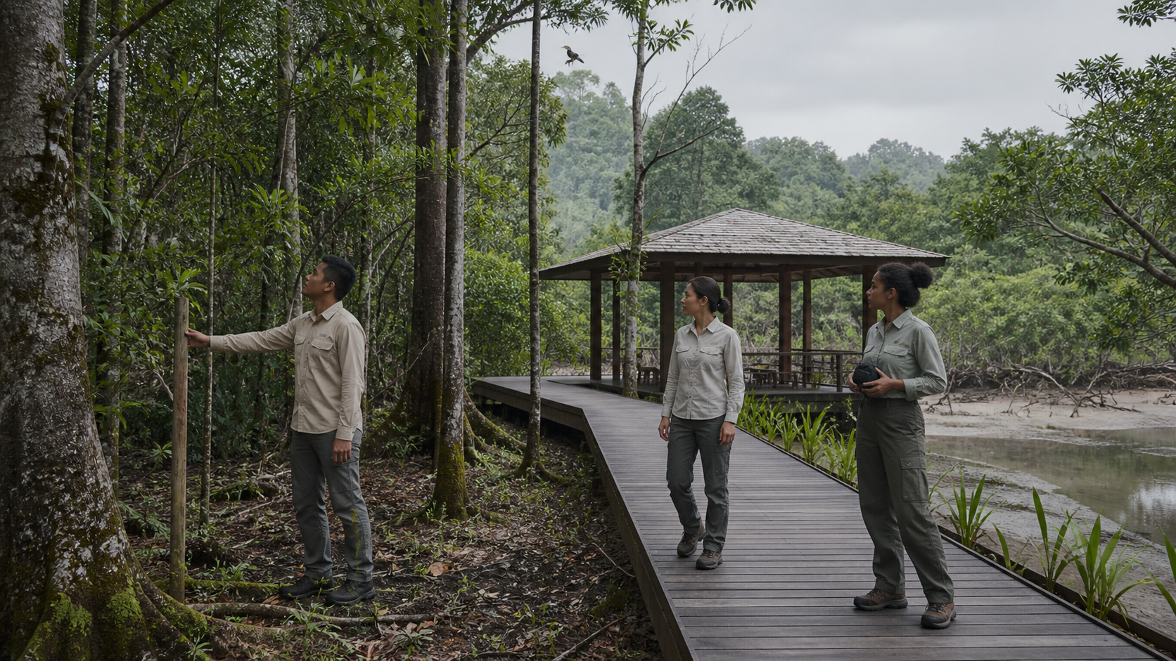Editorial illustration of a fictional spa and conservation team rehearsing a low-impact forest visitor route