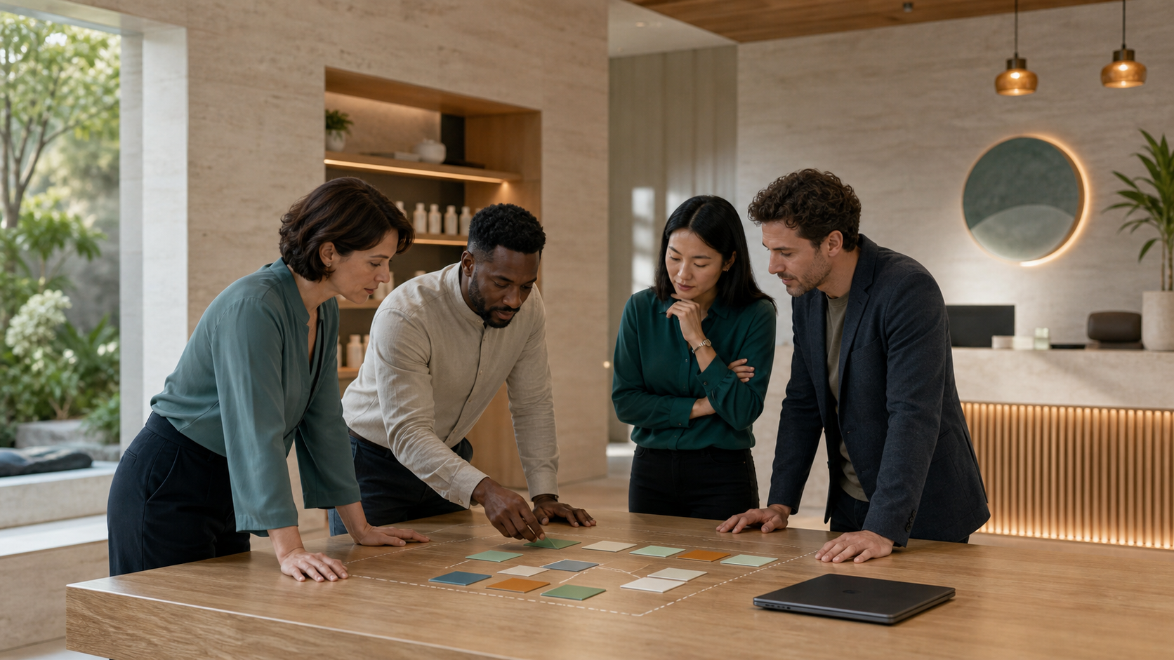 Editorial illustration of a fictional spa team reviewing booking authorisation before AI automation