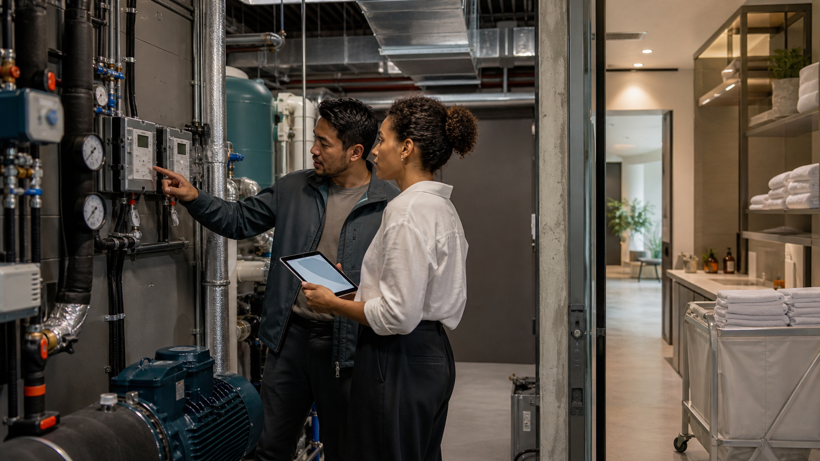Editorial illustration of a fictional spa engineer and sustainability analyst reviewing plant meters beside a linen service area