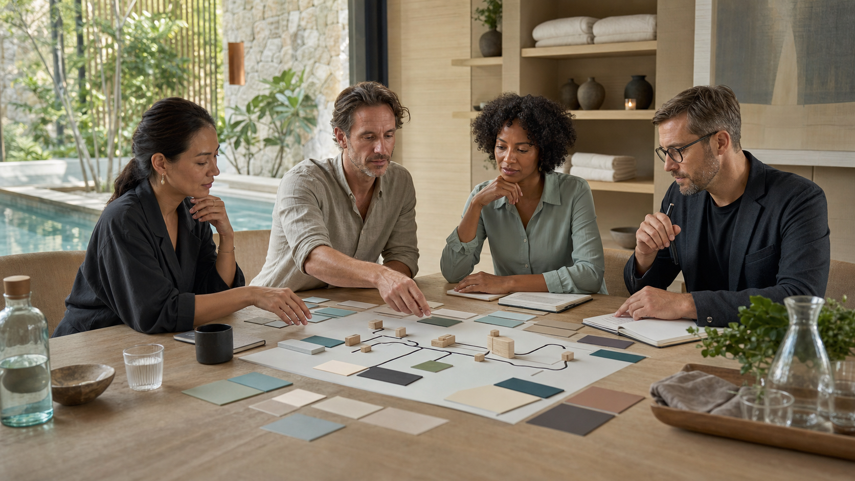 Editorial illustration of a fictional spa leadership team arranging abstract operating priorities around a systems map