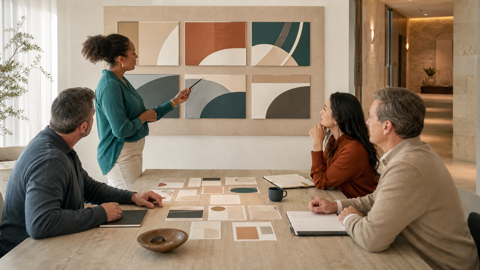 Editorial illustration of a fictional multi-site spa team reviewing abstract quality evidence
