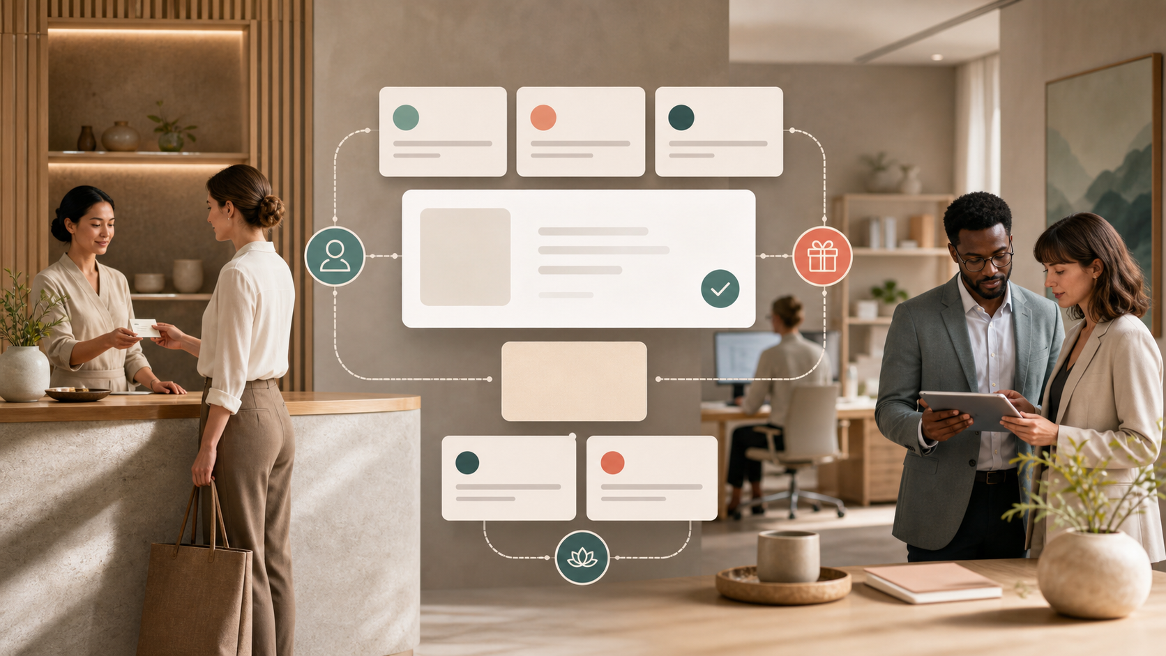 Editorial illustration of a fictional spa booking ecosystem during a controlled ownership transition