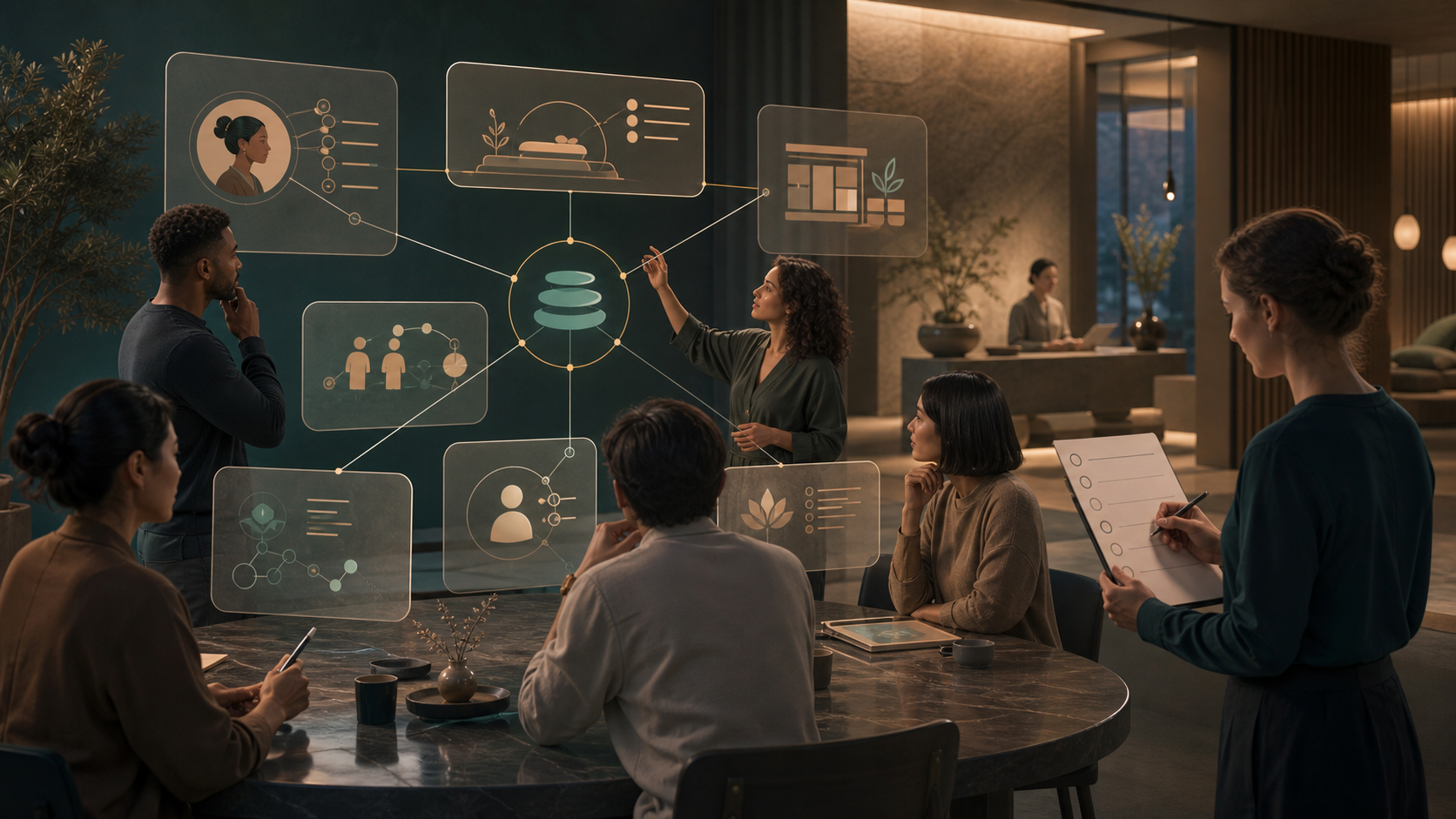 Editorial illustration of a fictional team mapping spa marketplace data and supplier responsibilities