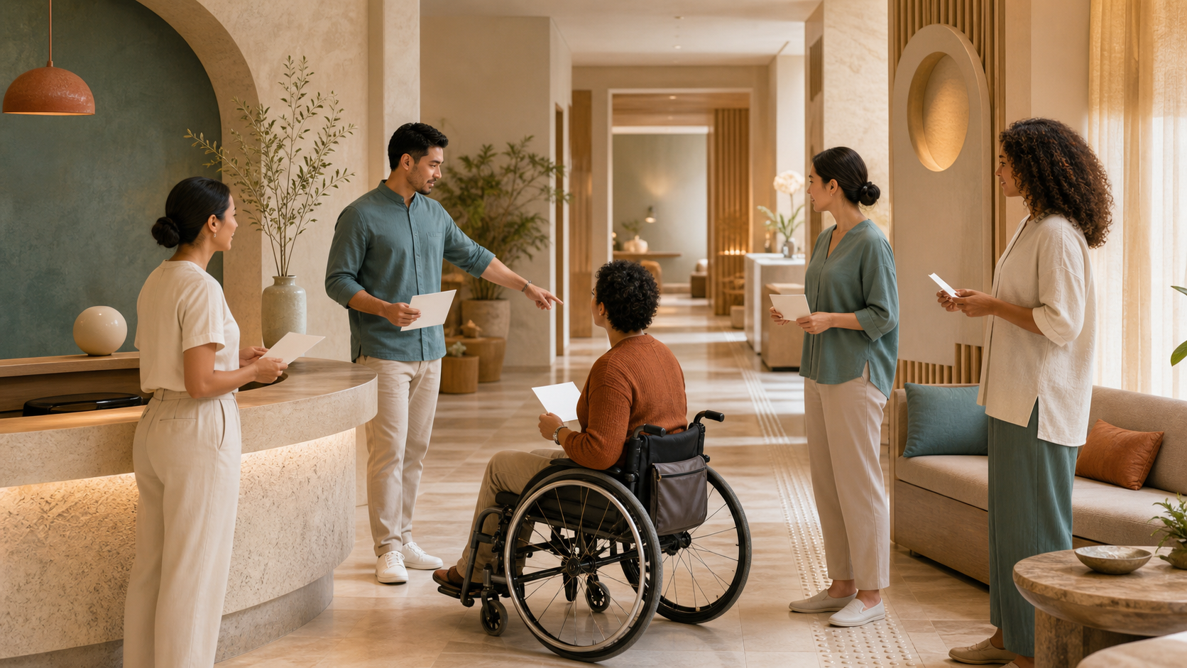 Editorial illustration of a fictional inclusive spa opening walkthrough