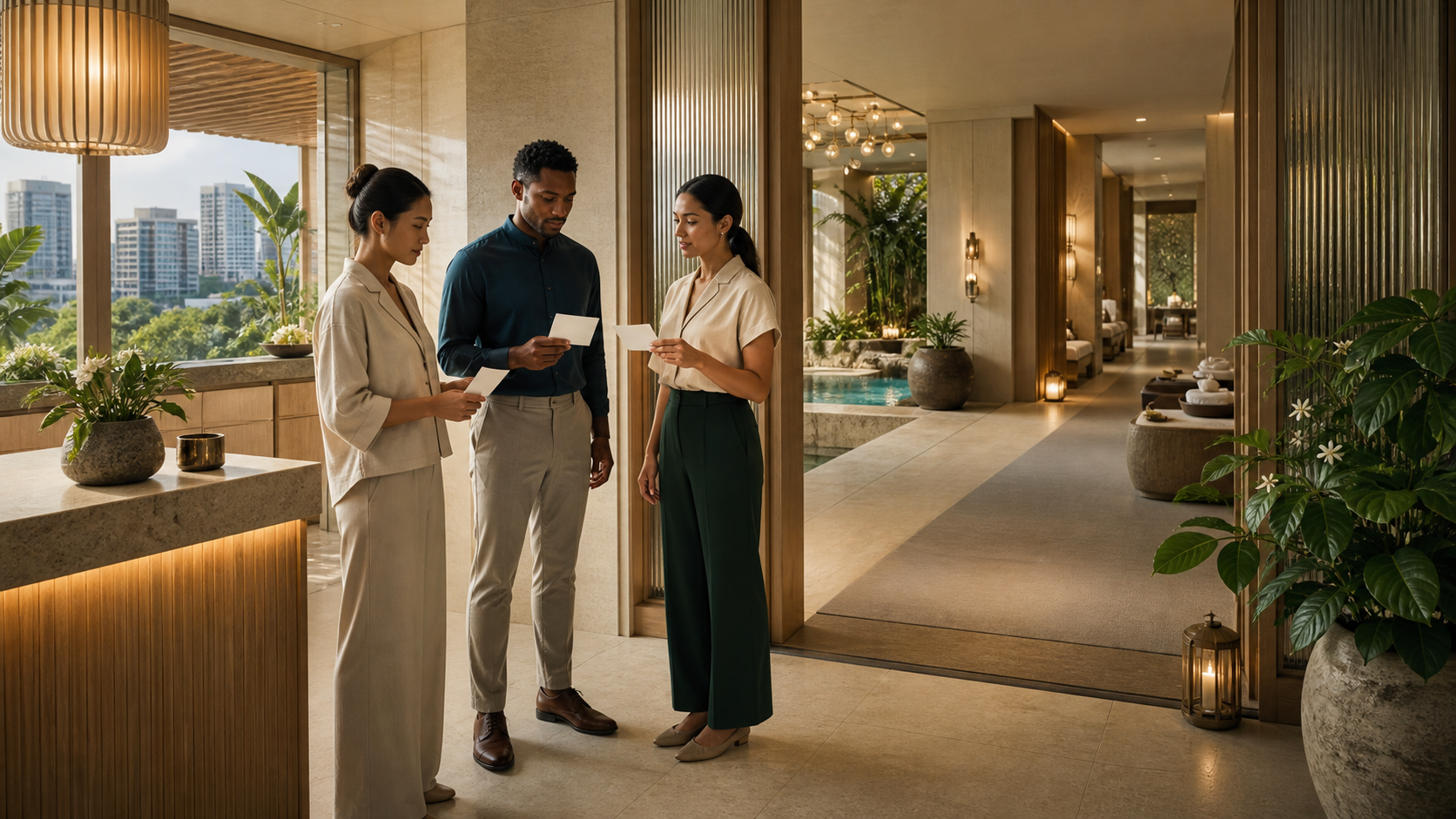 Editorial illustration of a fictional hotel spa team completing an opening-readiness walkthrough